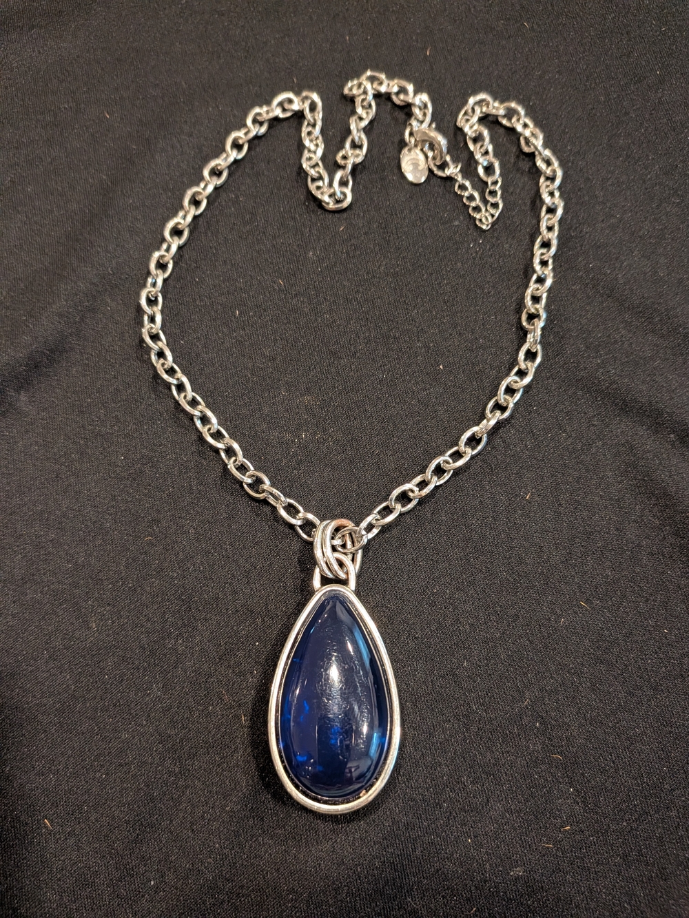 Silver Tone Necklace 12.5" with Deep Blue Teardrop Pendant